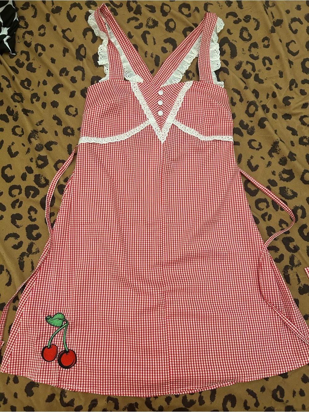 Sourpuss Red and White Gingham Dress with Eyelet Lace Size LARGE